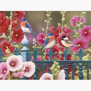 Iron Fence with Hollyhocks