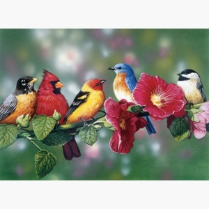 Songbirds on hollyhock